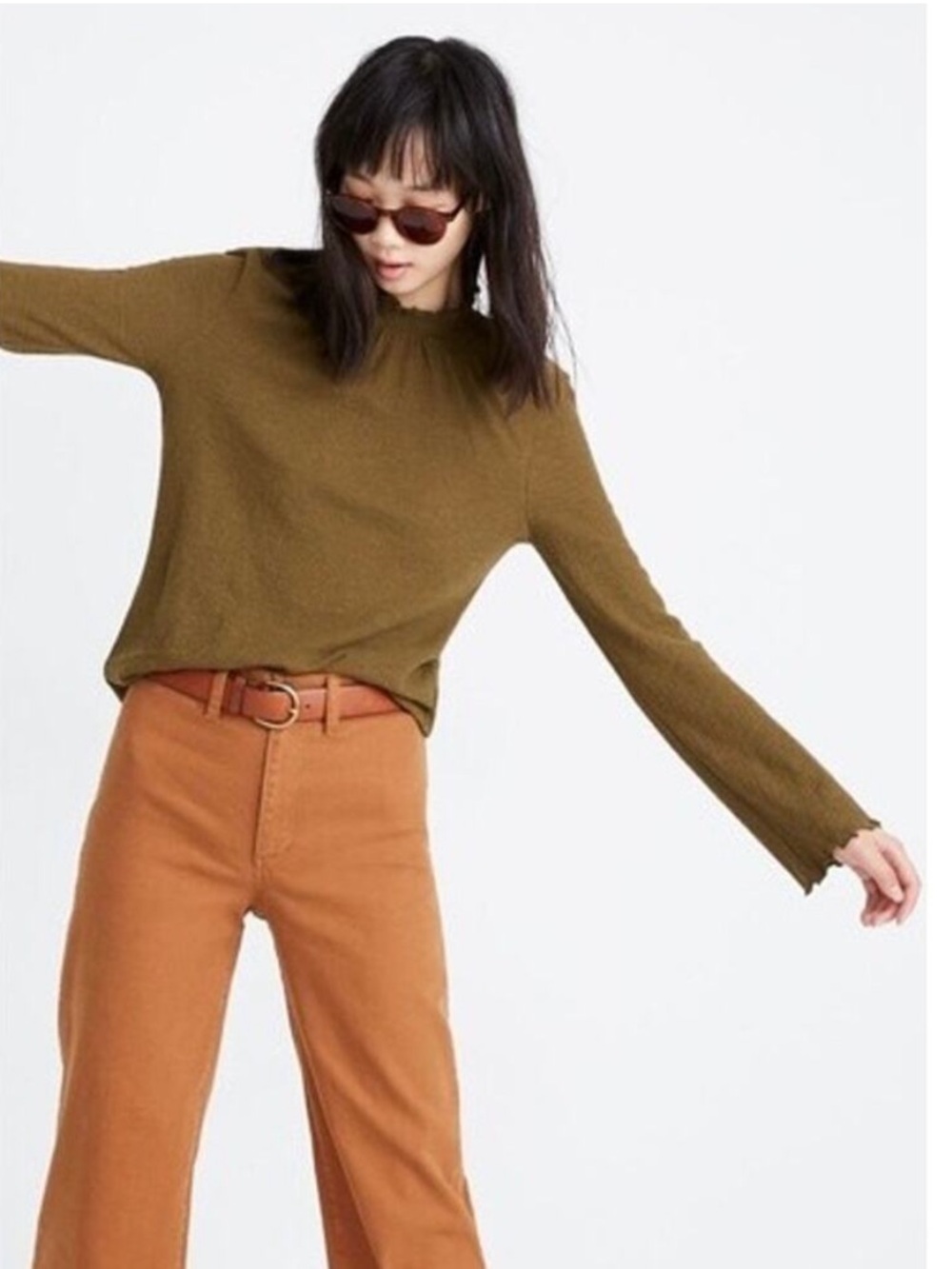 Madewell Texture & Thread Ruffle Mock Neck Top Small Olive Green Victorian